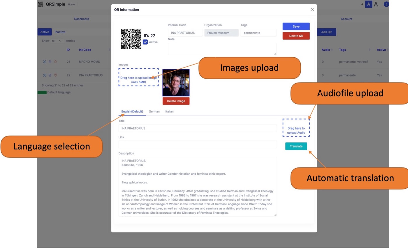 La dashboard di QR Simple con la scheda di un QR: caricamento di immagini e audio, schede per lingua e pulsante di traduzione