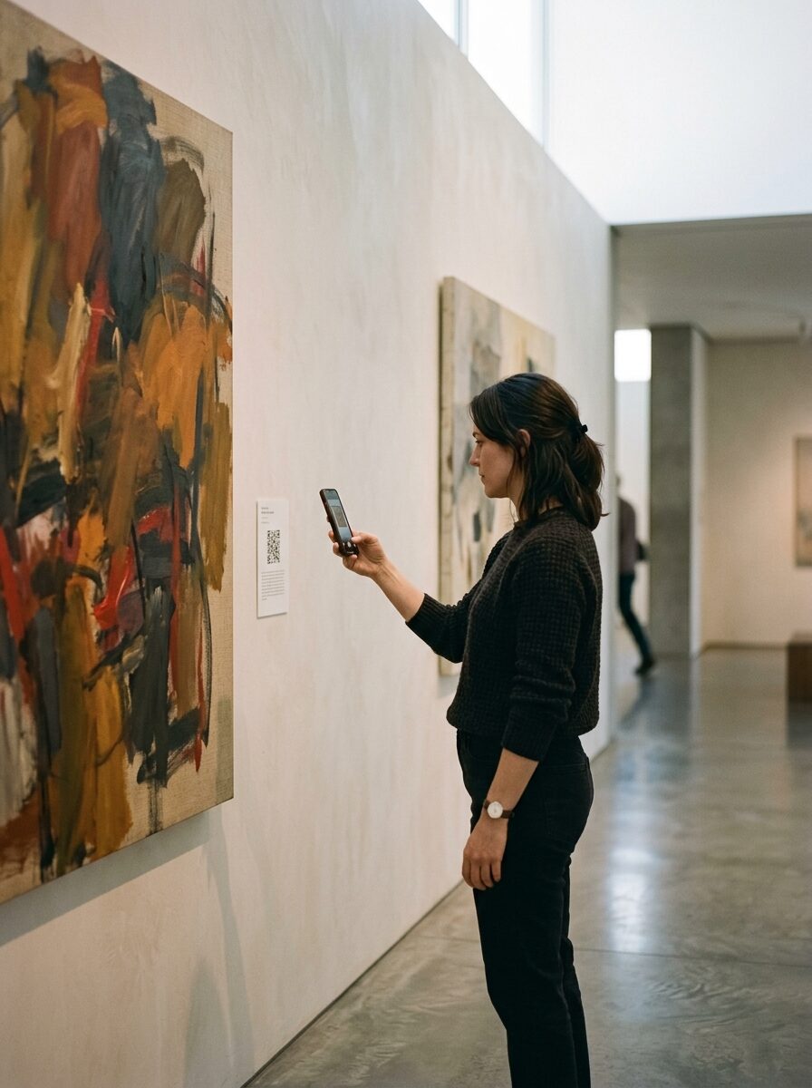 Una visitatrice in una galleria luminosa scansiona il codice QR di una didascalia accanto a un dipinto astratto