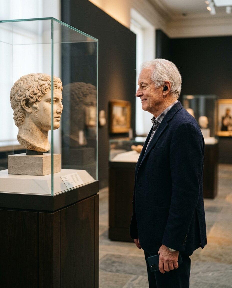Un visitatore con gli auricolari sorride mentre ascolta davanti a una testa in marmo esposta in una teca