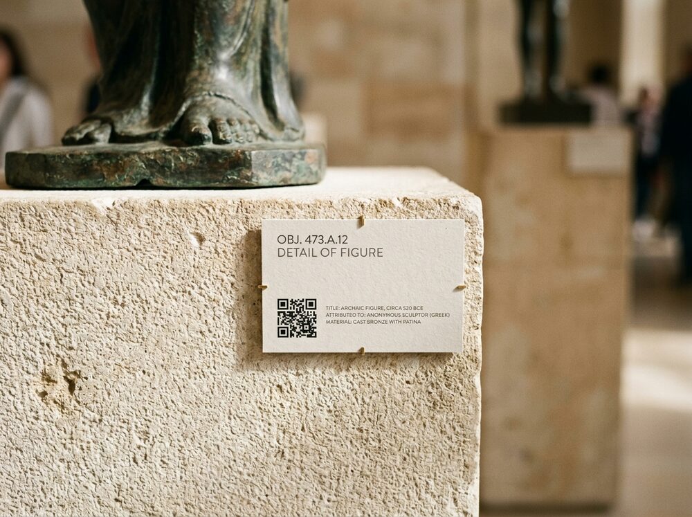 Una didascalia stampata con codice QR fissata su un basamento in pietra, sotto una scultura in bronzo
