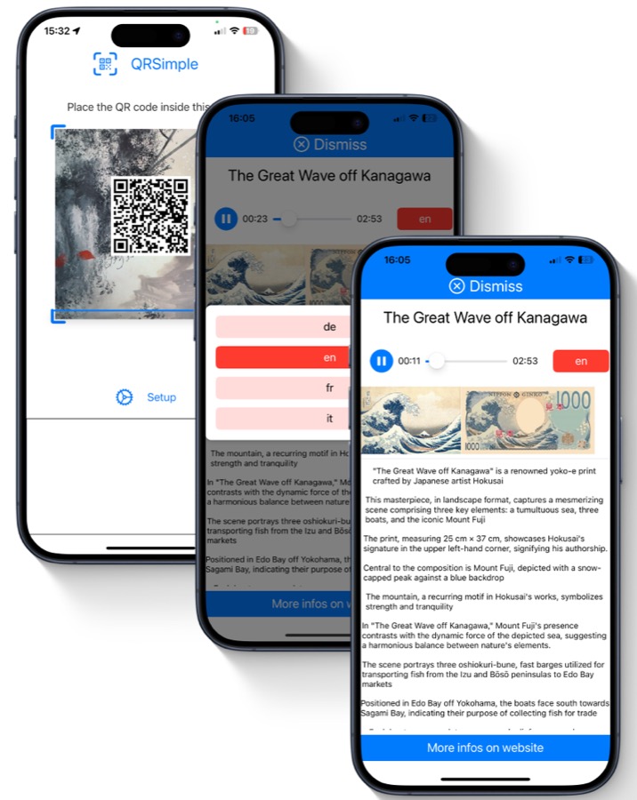 Tre schermate di QR Simple: lo scanner, la scelta della lingua e la scheda di un'opera con l'audio in riproduzione